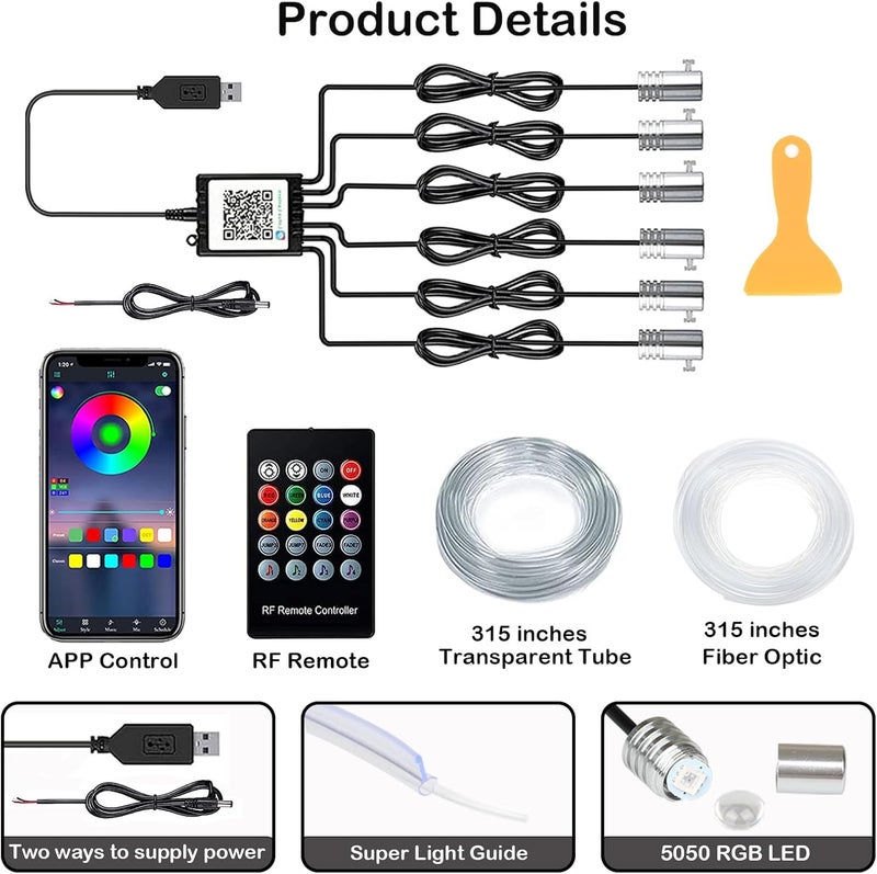 DEHERANE Interior Car LED Strip Lights, RGB 6 in 1 Ambient Lighting Kits with 315 inches Fiber Optic, 16 Million Colors Car Interior Lights with Wireless APP and Remote Control, Sync to Music - Image 4